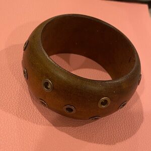 Brown Wooden Bangle with Metal Accents
